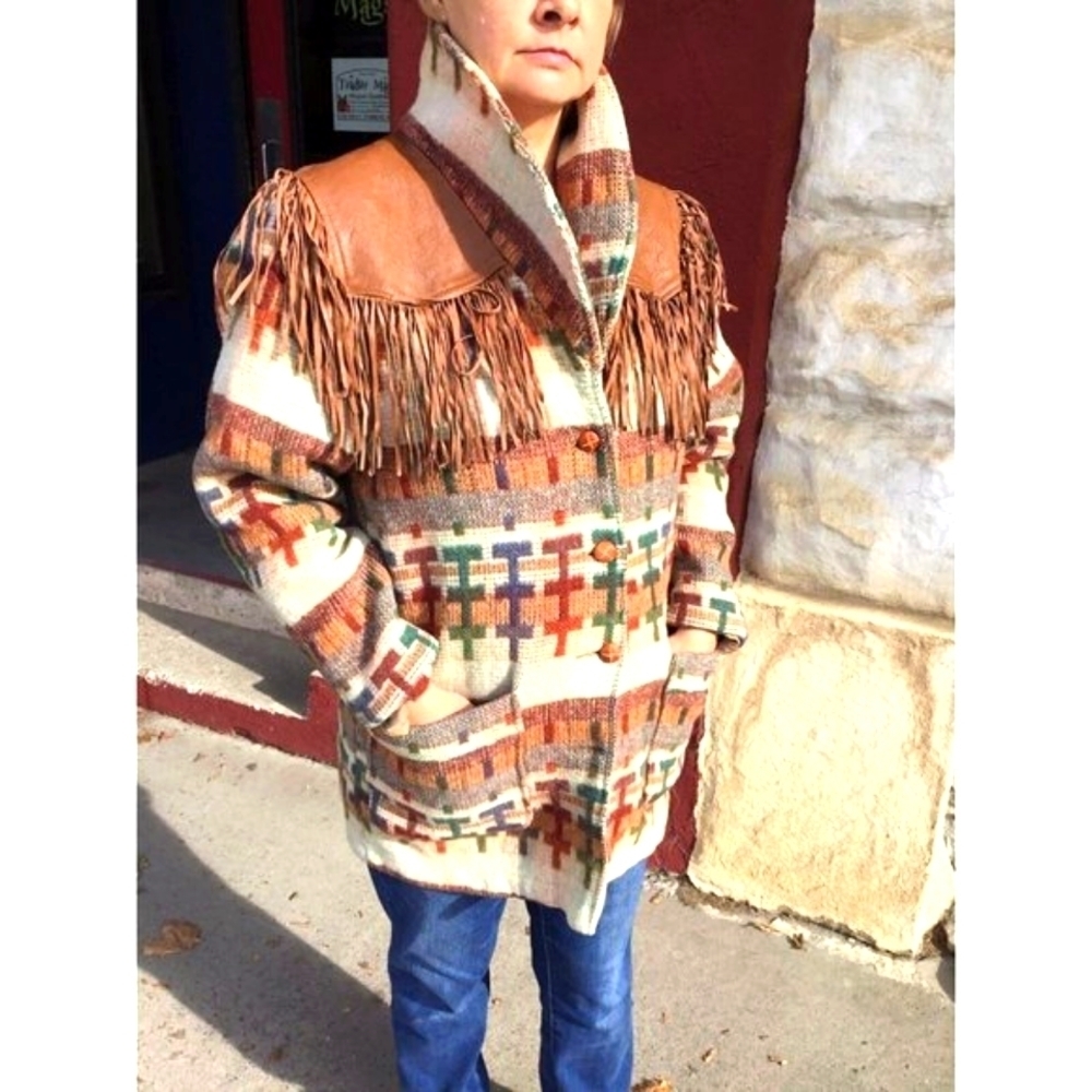 PIONEER Southwestern Fringe Wool Blend Coat in Tan, Cream, Green & Rust